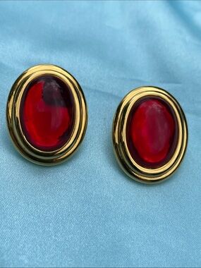 Gold-Tone Red Cabochon Oval Clip-On Earrings